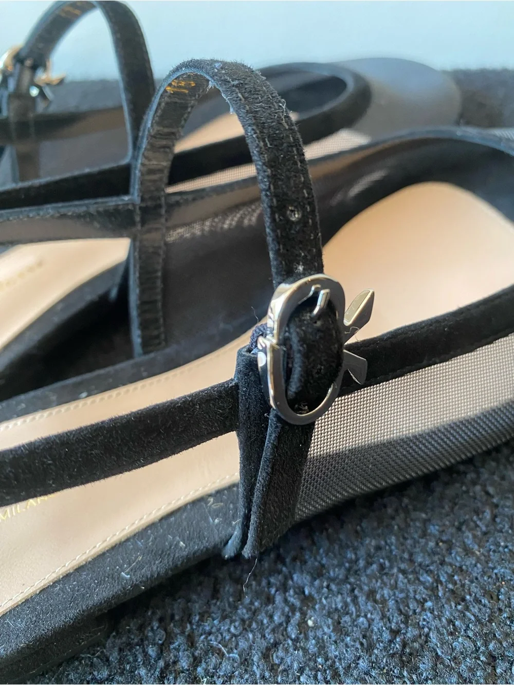 Gianvito Rossi Black Mesh Slingback Flats with Gold Buckle